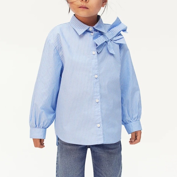 3/$20⚡️ NWT H&M Little Girls BOW-DETAIL POPLIN Long Sleeve Pin Striped BLOUSE - Picture 1 of 10